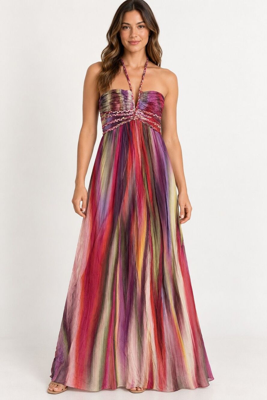 Sky Multicolor Braided Halter Ruched Boho Maxi Dress Medium D-3